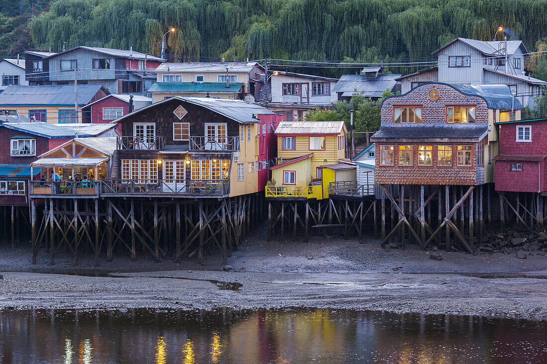 Chile, Chiloe Island, Castro, palafito stilt houses,.