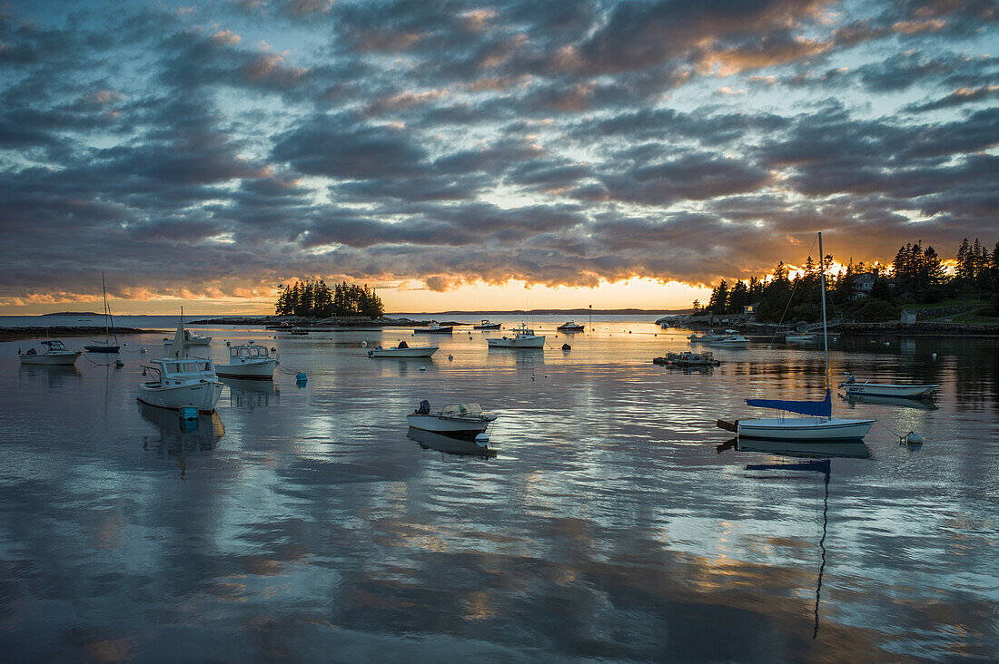 USA, Maine, Newagen, sunset harbor view by The Cuckolds islands.