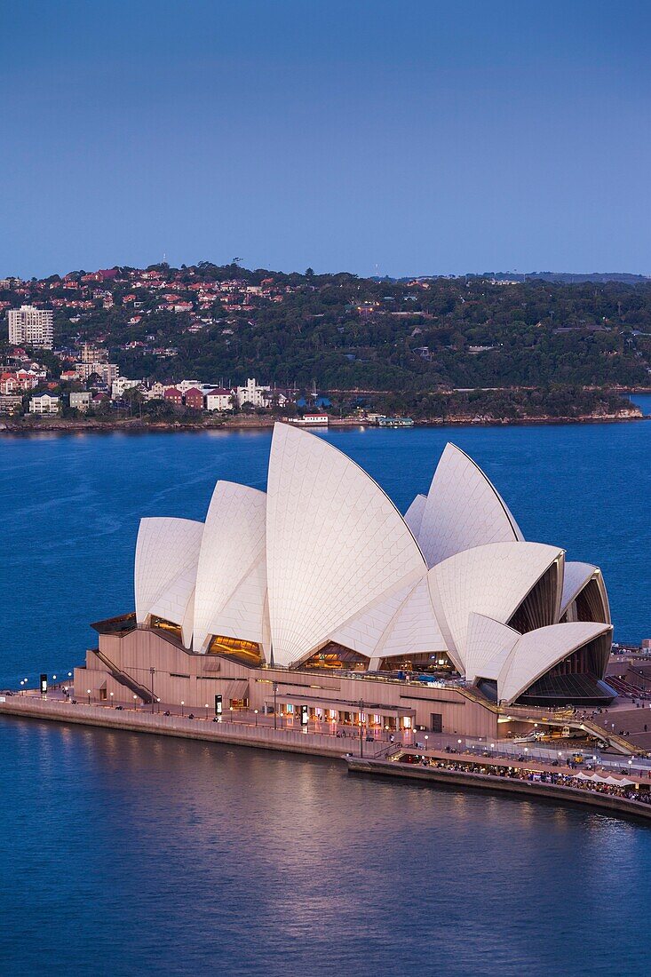 Australia, New South Wales, NSW, Sydney, Sydney Opera House, elevated view, dusk.