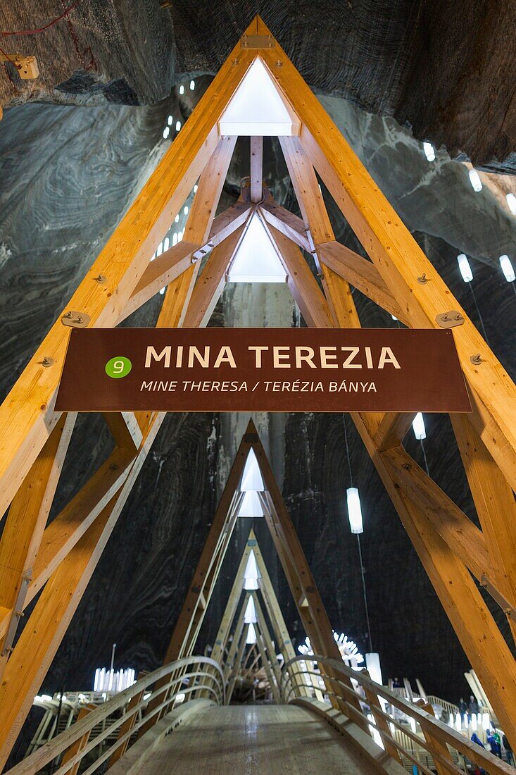 Romania, Transylvania, Turda, Turda Salt Mine, bridge to Terezia Mine and lake.