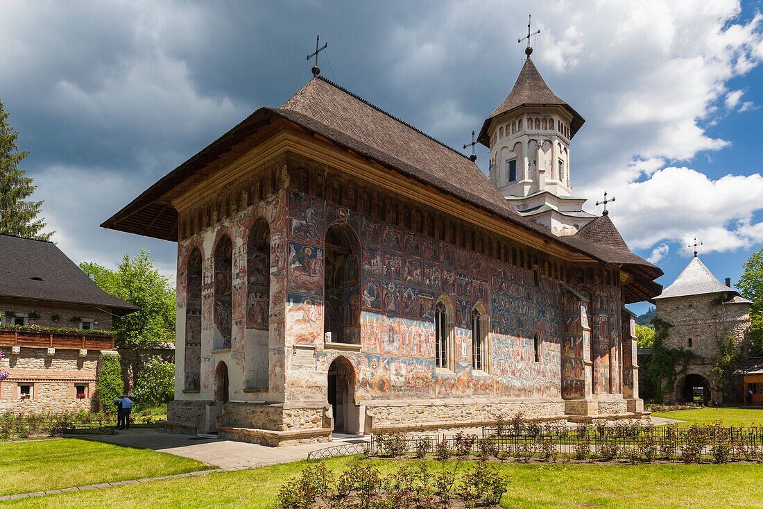 Romania, Bucovina Region, Bucovina Monasteries, Vatra Moldovitei, Moldovita Monastery, 16th century, exterior.