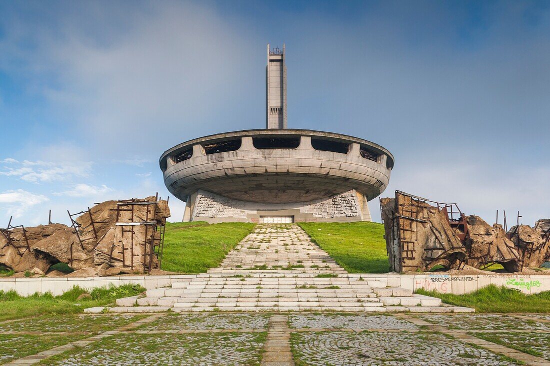 Bulgaria, Central Mountains, Shipka, Shipka Pass, ruins of the Soviet-era Buzludzha Monument, built to honor the Bulgarian Communist Party in1981, exterior, dawn.