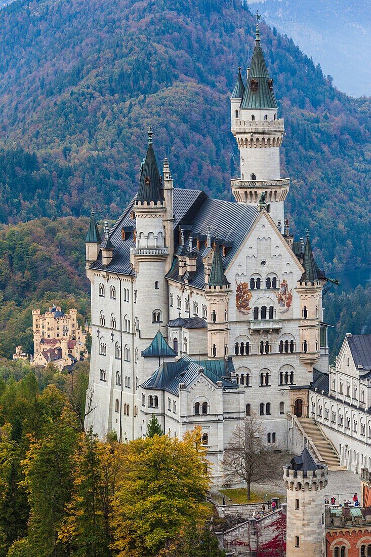 Germany, Bavaria, Hohenschwangau, Schloss Neuschwanstein castle, elevated view, fall.