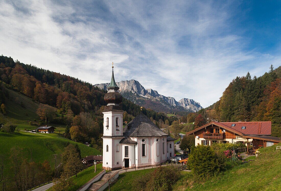 Germany, Bavaria, Maria Gern, Maria Gern village church, elevated view, fall.