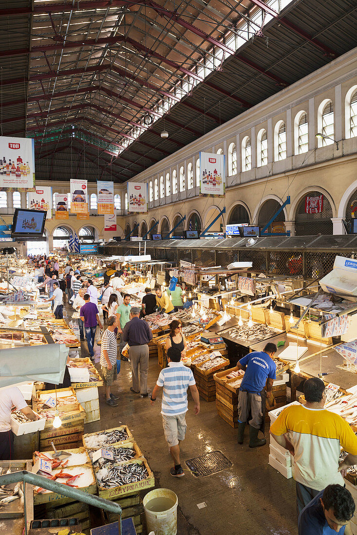 Greece, Central Greece Region, Athens, Central Market, fish market.
