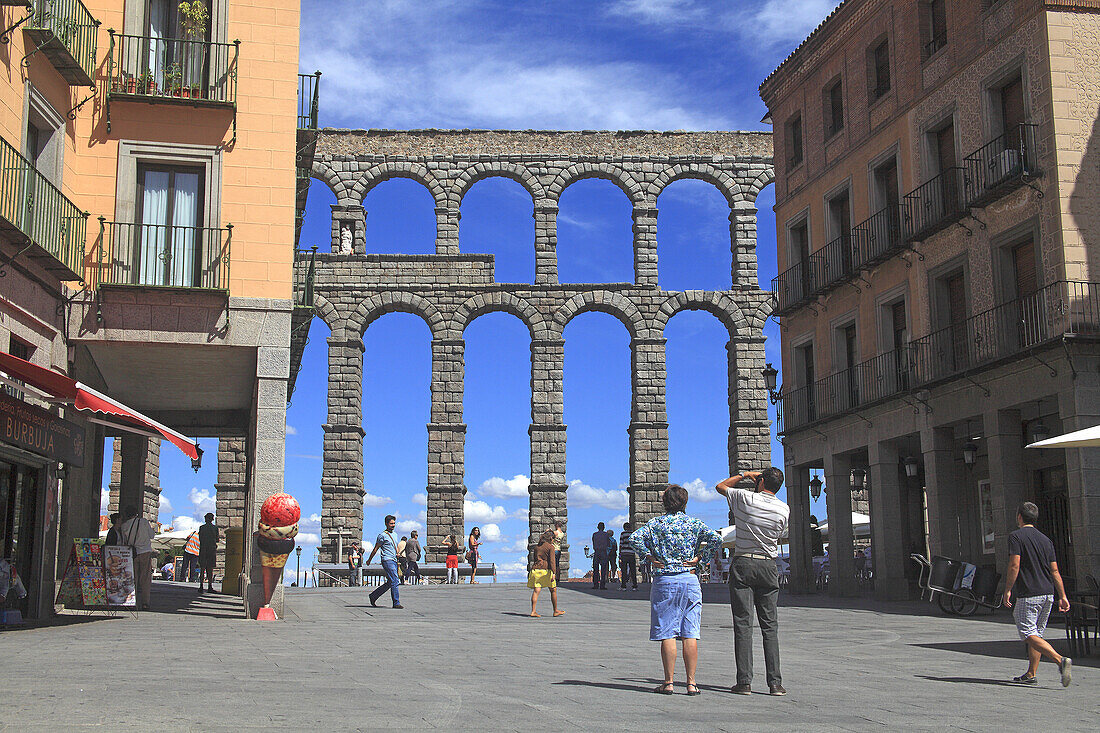 first century Roman aqueduct in the square Azoguejo. Segovia.