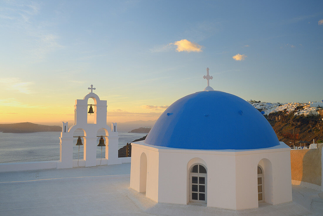 Blue domes of church in Firostefani village, Santorini, Aegean Island, Cyclades Island, Greek Islands, Greece, Europe.