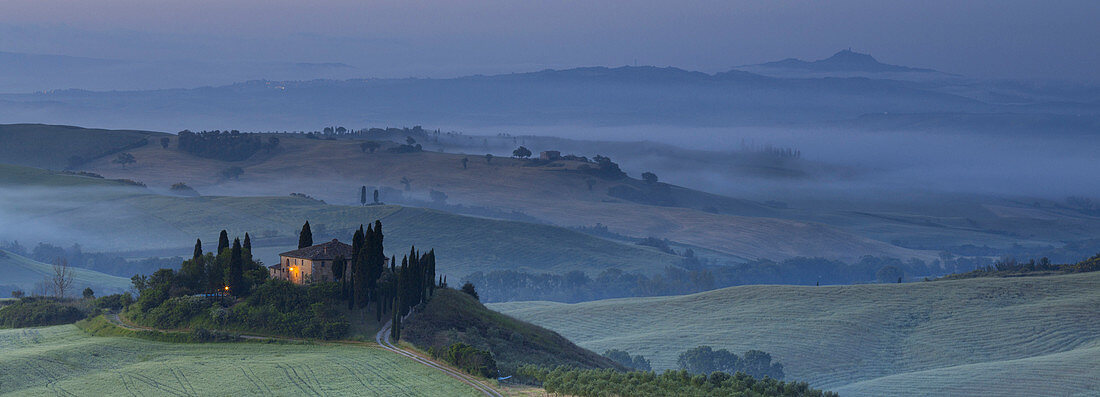 Podere Belvedere, San Quirico d'Orcia, Siena, Tuscan, Italy. Blue Hour in Podere Belvedere