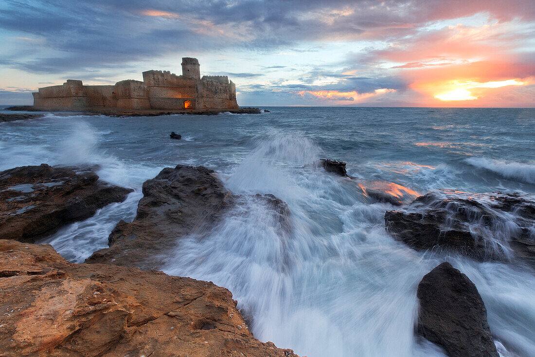 Le Castella, Isola Caporizzuto, Crotone, Calabria, Italy. The Aragon Castle in blue Hour