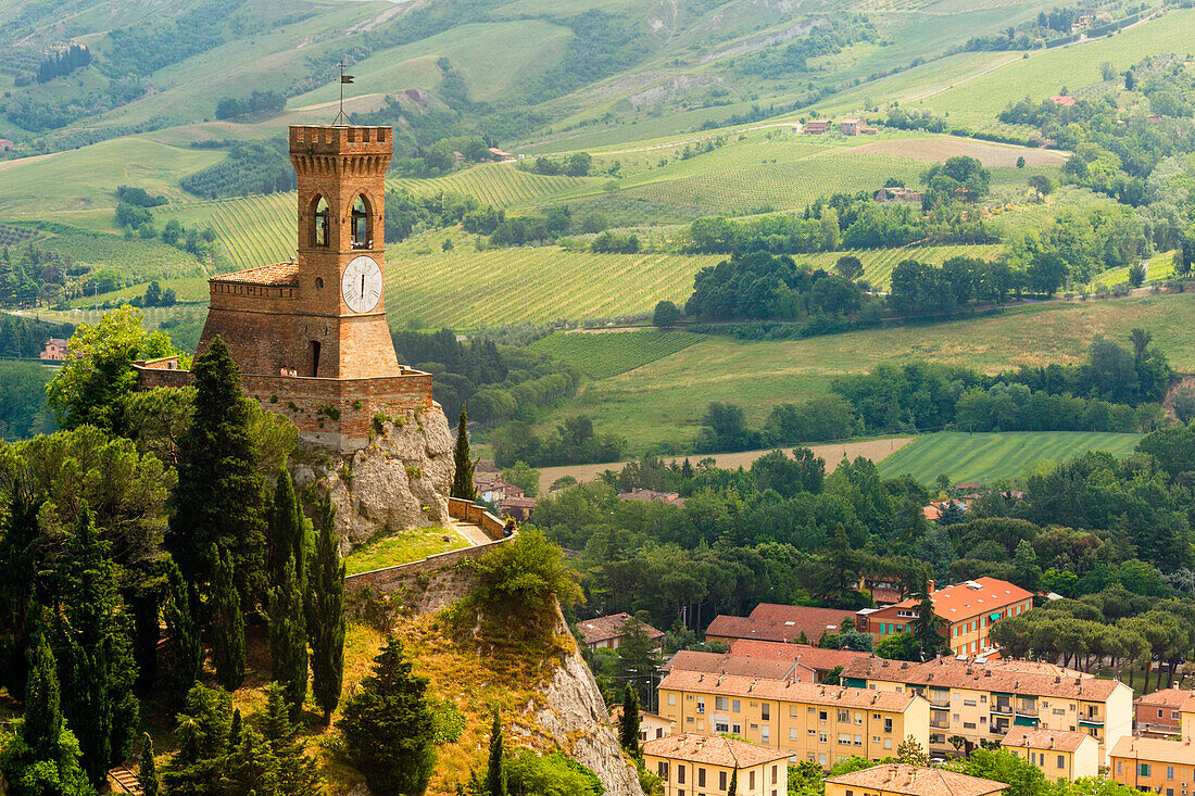 Castle, Brisighella, Province of Ravenna, Emilia Romagna, Italy. Medieval clock tower in village.