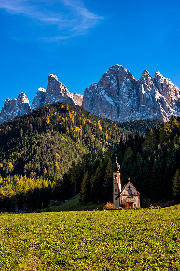 St. Johann in Ranui, Val di Funes, Trentino Alto Adige, Italy. The iconic church in the Funes valley.