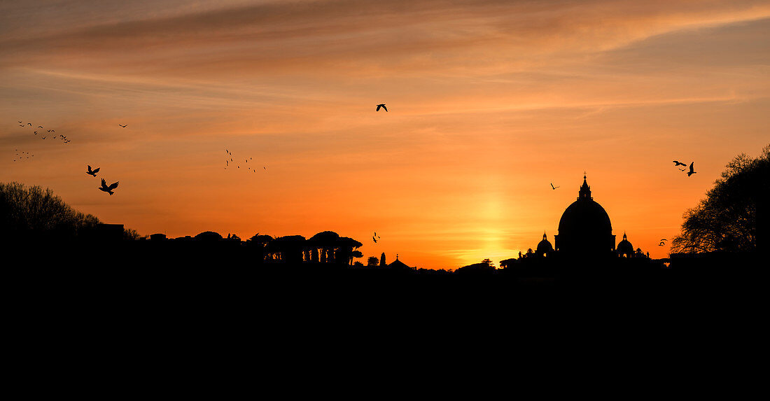 Rome, Lazio, Italy. The St. Peter's Basilica at sunset in Silhouette