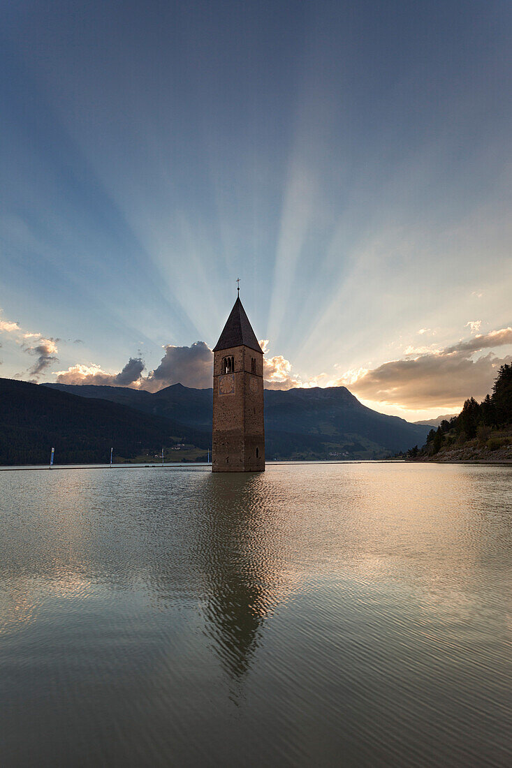 Resia Lake, Curon Venosta, Venosta Valley, South Tyrol, Italy.