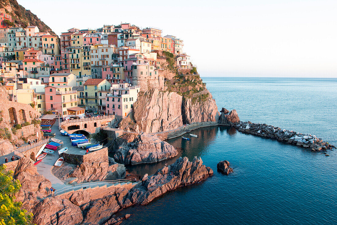 Manarola, Cinque Terre, Liguria, Italy. Sunset over the town, view from a vantage point