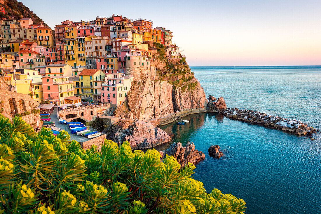 Manarola, Cinque Terre, Liguria, Italy. Sunset over the town, view from a vantage point