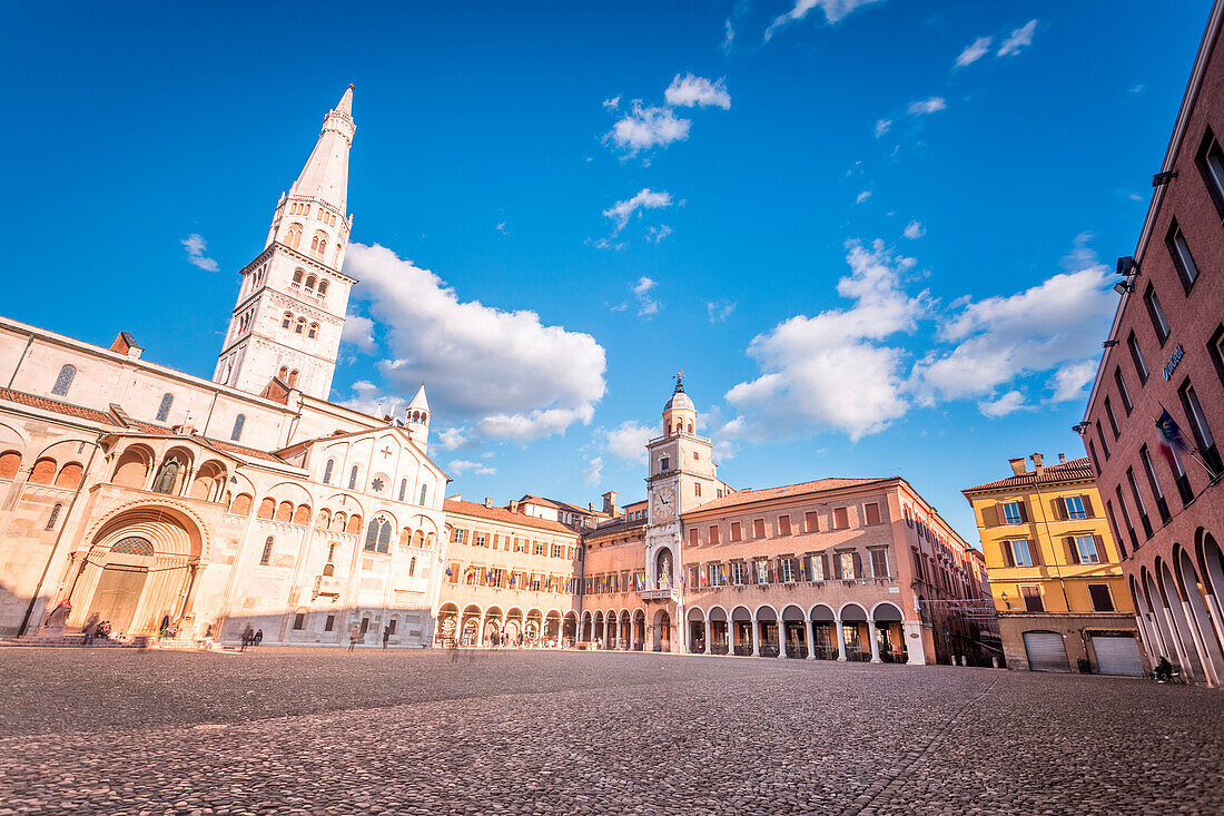 Modena, Emilia Romagna, Italy. Piazza Grande and Duomo Cathedral at sunset.