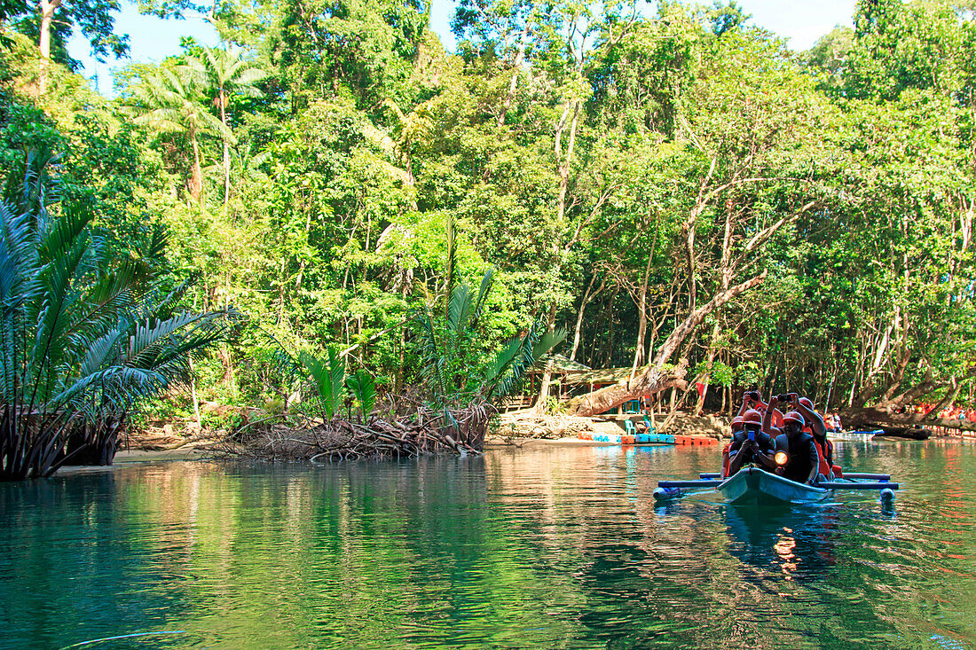 Puerto Princesa, Philippines. Visitors enter the Subterranean River in Puerto Princessa.The Underground River is one of the New 7 Wonders of Nature.