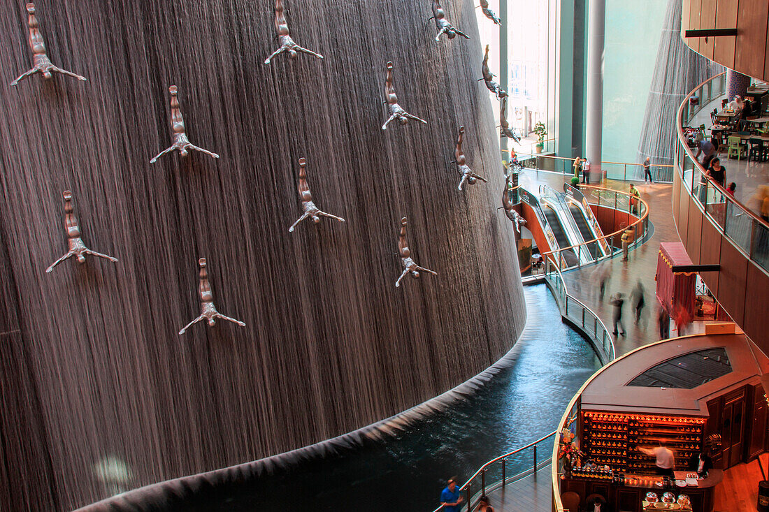 Dubai, United Arab Emirates. Waterfall in Dubai Mall, world's largest shopping mall based on total area