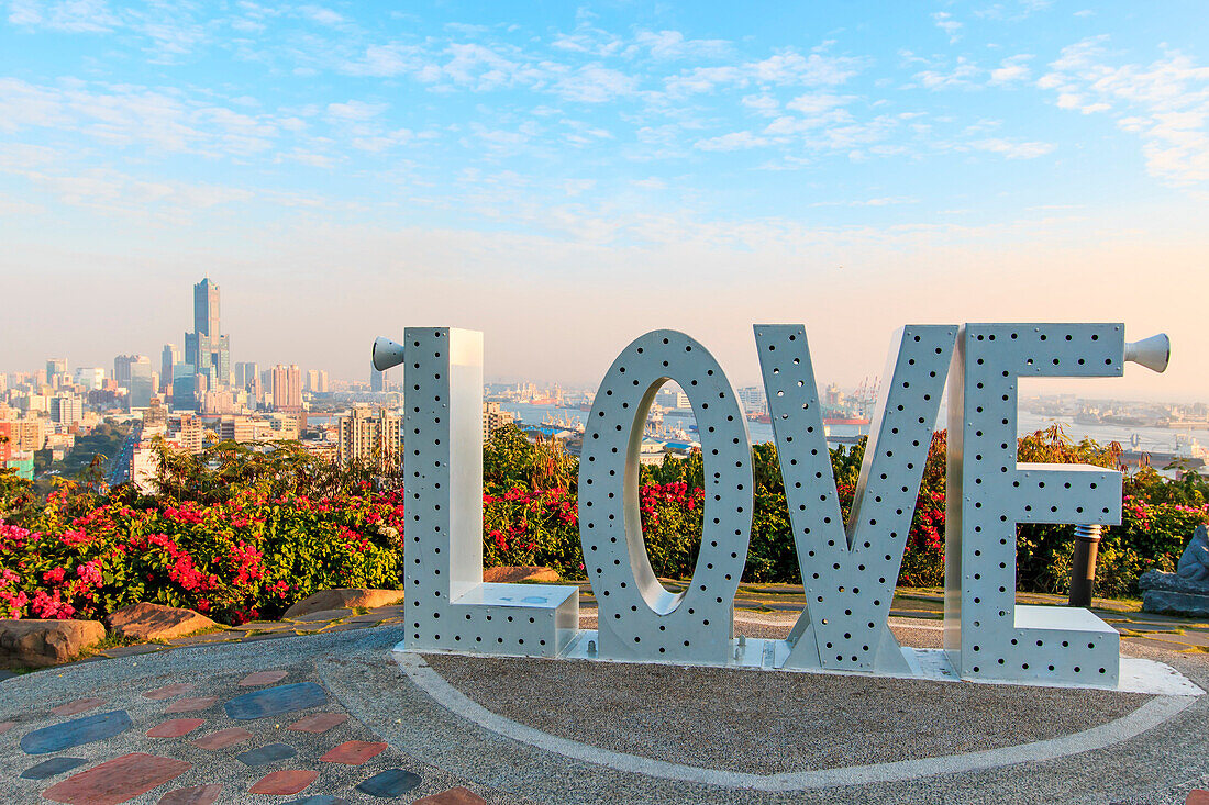 Kaohsiung skyline at sunset with the Love sign, Taiwan