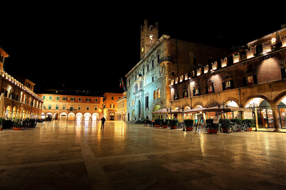 Piazza del Popolo, beautiful square in Renaissance style in the Ascoli Piceno district, Marches, Italy