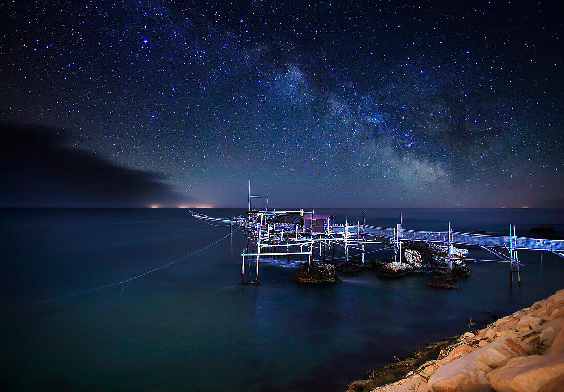 Trabocco fishing sistem by night in Abruzzo coast, Italy