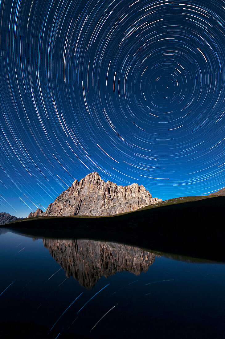 Italy, Piedmont, Cuneo District, Maira Valley - startrail at Rocca la Meja