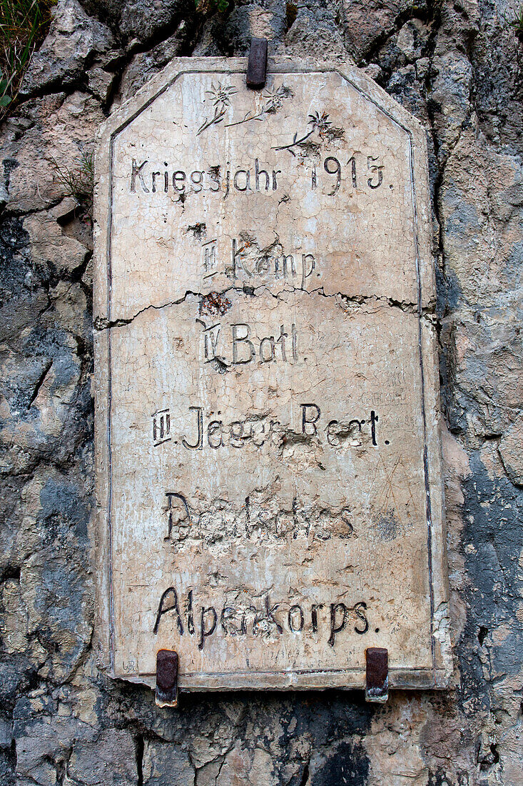 'The cement plate bearing the words ''Komp II. IV Batt. III Jaeger Regt. Deutsches Alpenkorps'', Fedaia, Marmolada'