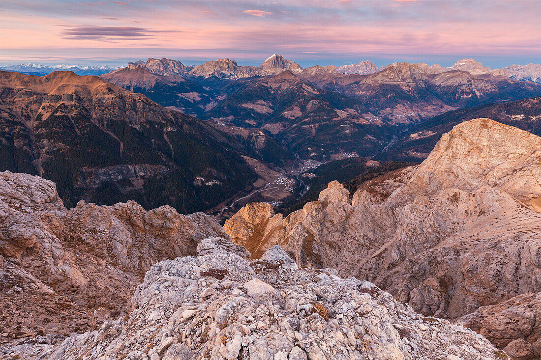 Europe, Italy, Veneto, Belluno, Agordino. Panorama towards the northeast from the summit of Sasso Bianco, San Tomaso Agordino, Dolomites