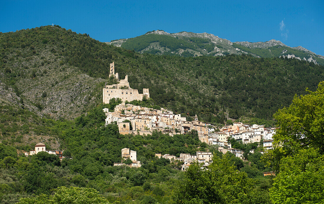 The old village of Roccacasale clings to the steep slopes of the Majella Mountains