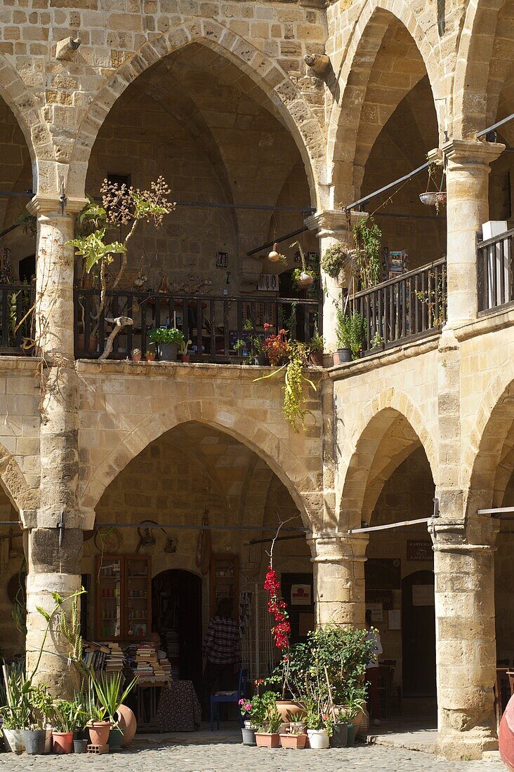 Shops in the arcades of the Büyük Khan, caravansarai,  Lefkosa, Nicosia, North Cyprus