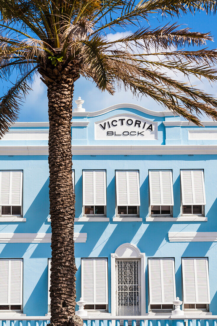 Blaue Hausfassade Victoria Block mit einer Palme in der Front Street, historische Altstadt,  Hamilton, Insel Bermuda, Großbritannien