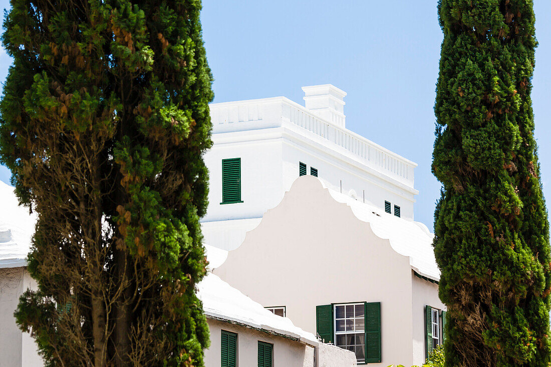 Typical white House facade in the historical Old Town, Saint George, Island Bermudas, Great Britain