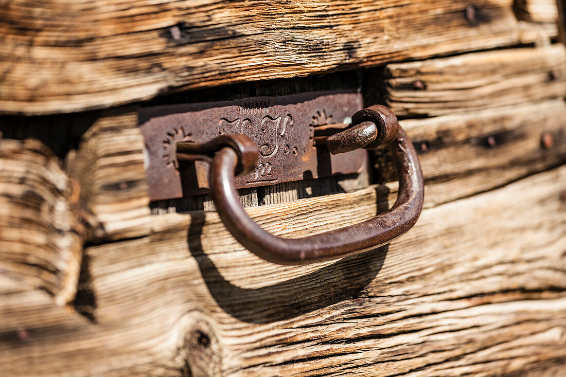 Door handle on an alpine hut on the biggest high-level alp of Europe, Seiser Alm, Seiser Alp, Compatsch, South Tirol, Alto Adige, Italy