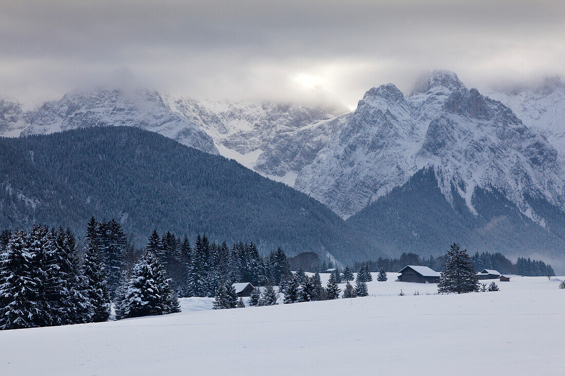 Haystack at the Buckelwiesen, near Kruen, view to Karwendel range, Bavaria, GermanyHay