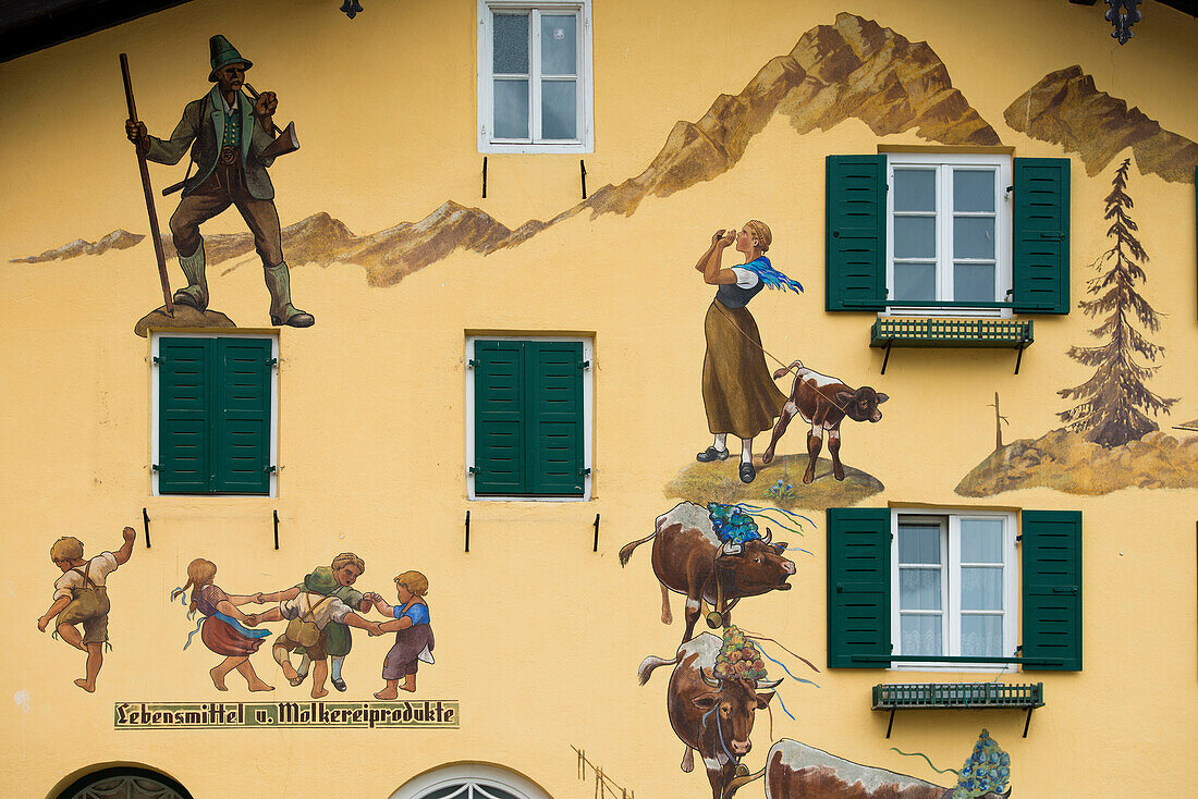 Mural art, Lüftlmalerei, fresco paintings, Florianiplatz, Bad Reichenhall, Berchtesgadener Land, Upper Bavaria, Bavaria, Germany