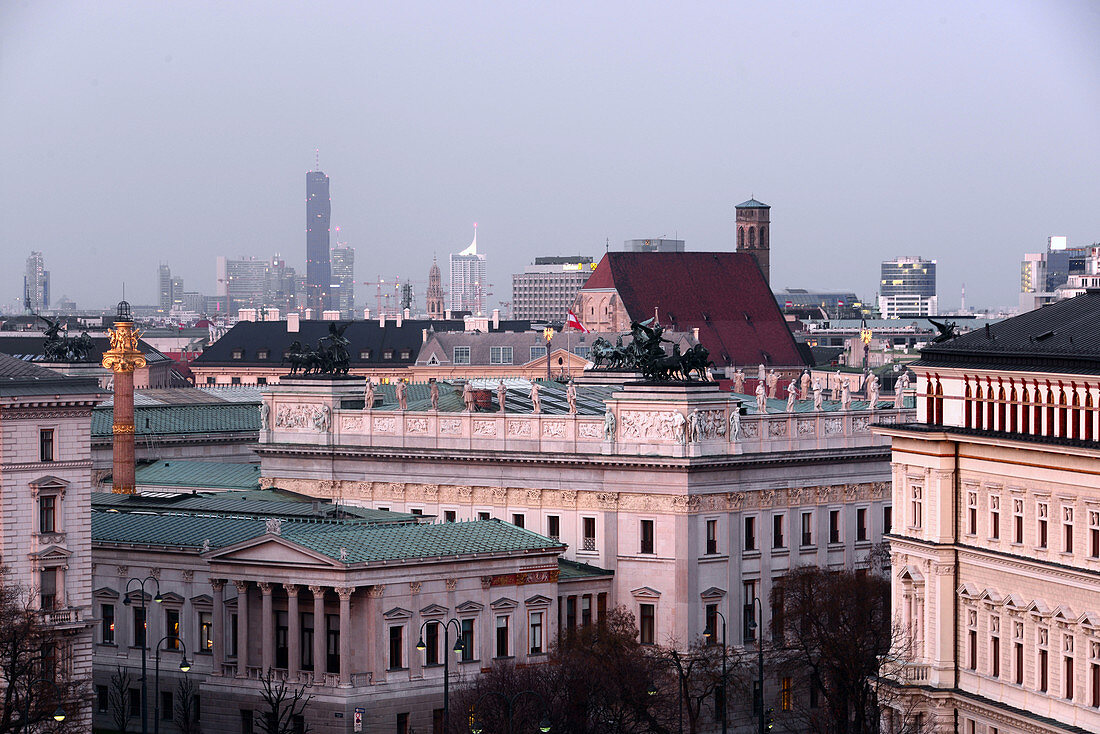 View from the skybar of the 25hours Hotel over the Josefsstadt to UNO City, Vienna, Austria