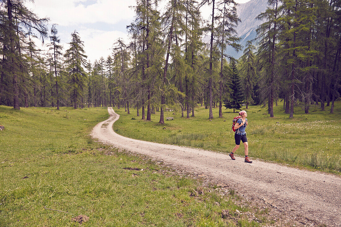 Frau beim Wandern auf Waldweg