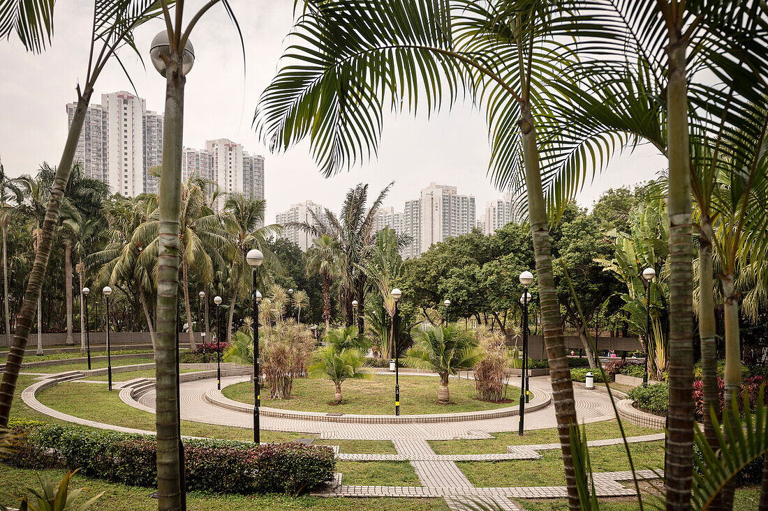green park surrounded by tall buildings, Tin Shu Wai, Hongkong, China, Asia