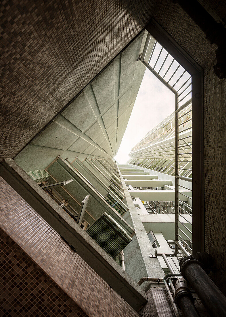 view up to sky at tall housing area at Tin Shu Wai, Hongkong, China, Asia