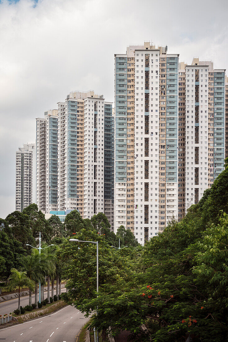 Sozialer Wohnungsbau in der Satelittenstadt Tin Shu Wai, New Territories, Hongkong, China, Asien