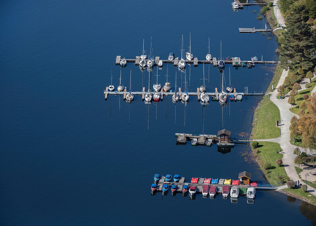 boat pier at shore of Lake Eder, National Park Kellerwald-Edersee, Hesse, Germany