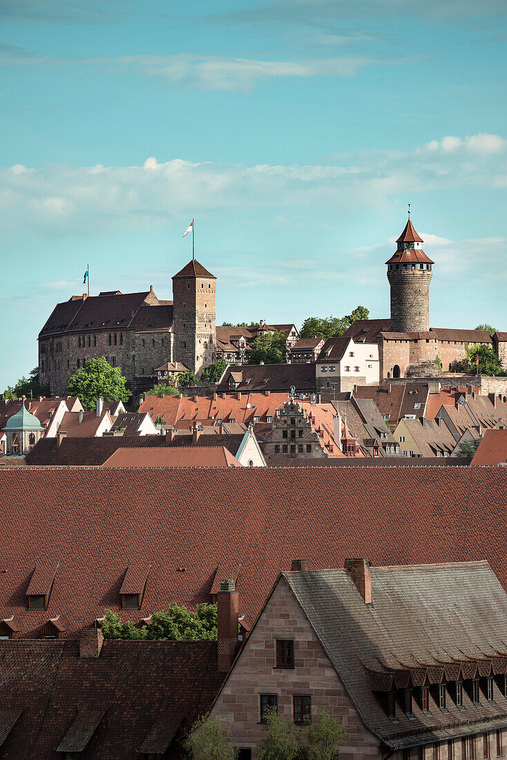 view across old town towards Emperor Fortress, Nuremberg, Frankonia Region, Bavaria, Germany