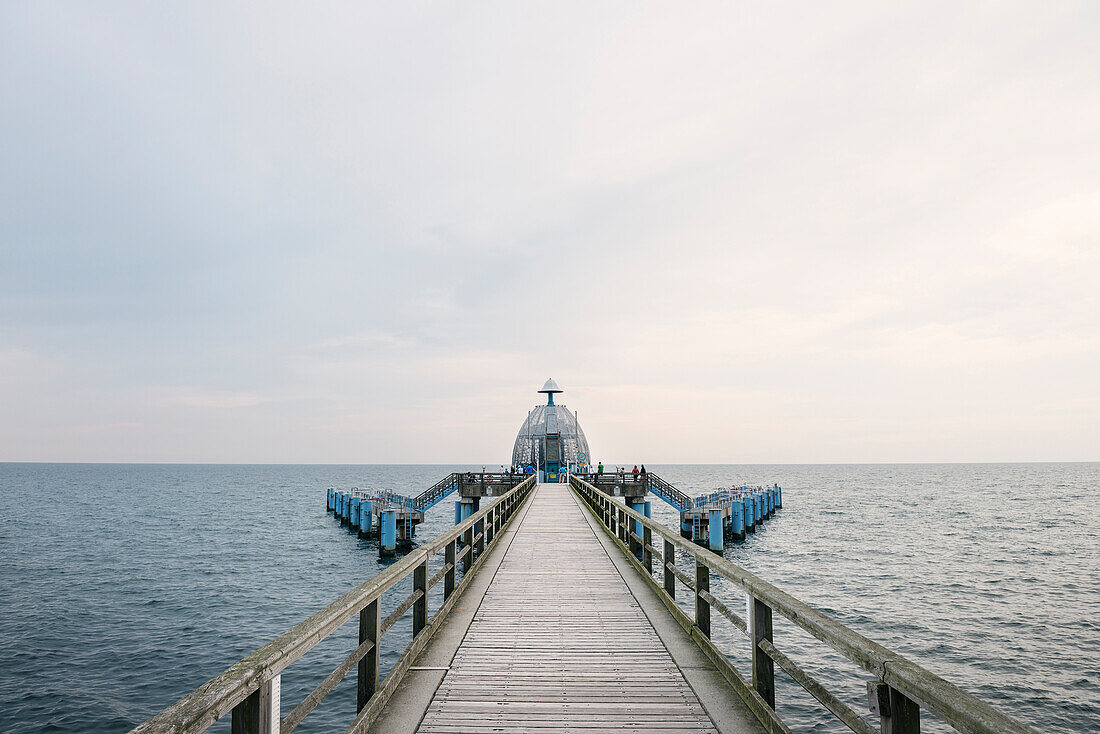 diving cabin at end of Sellin Seaside bridge, Sellin Baltic Sea coastal resort, Ruegen Island, Mecklenburg-West Pomerania, Germany