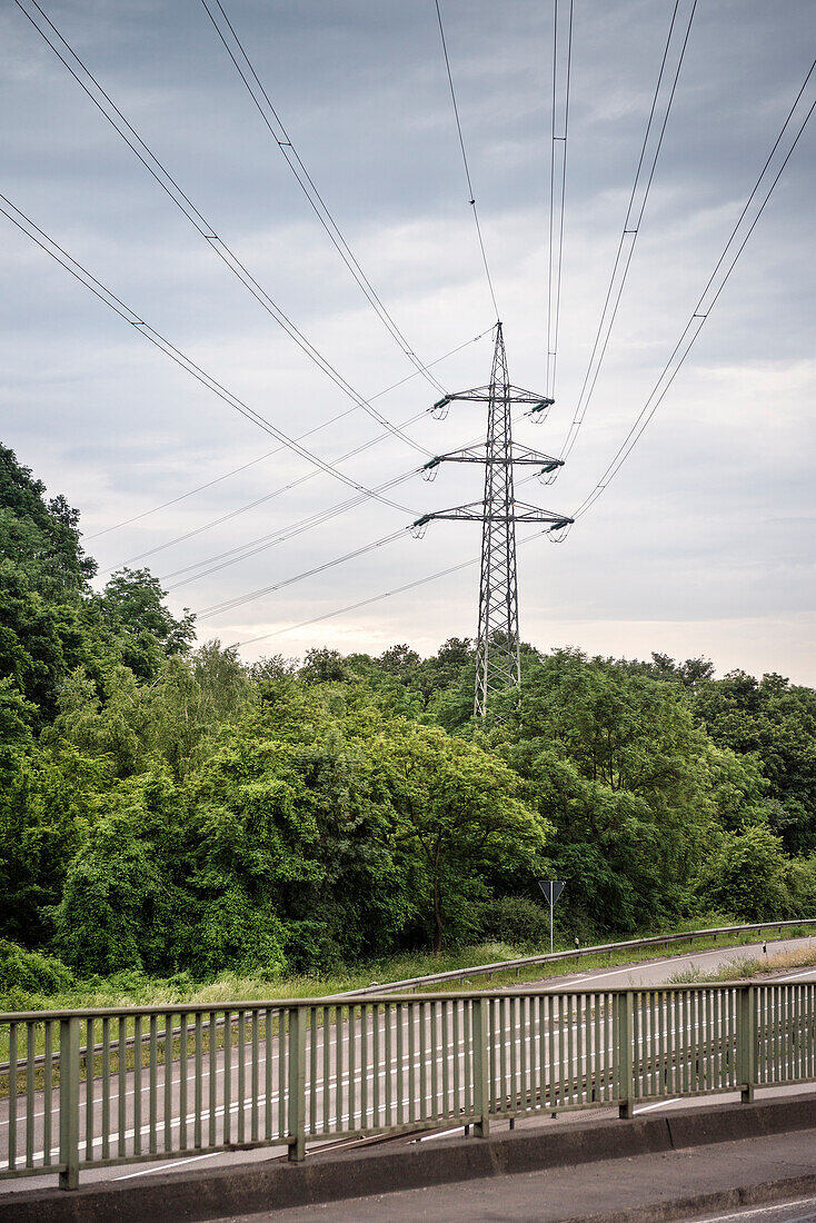 Strommast zwischen Bäumen an Straße bei Völklinger Hütte, Saarland, Deutschland