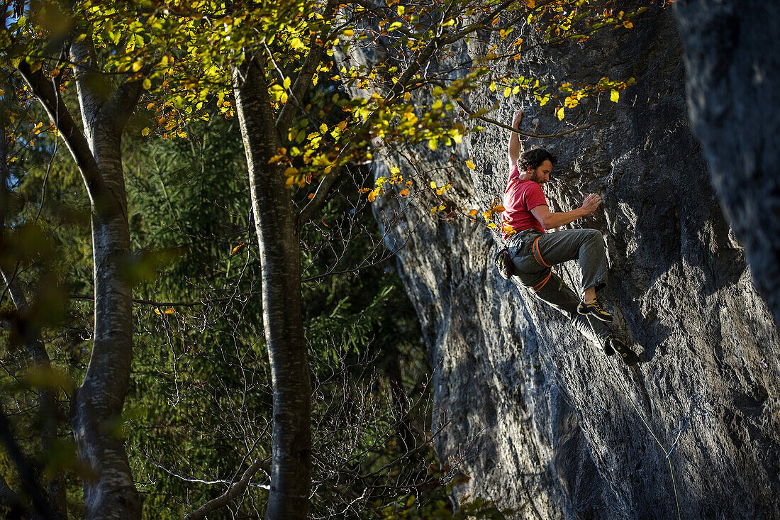 Young man climbing at a rock face, Schwaerzer Wand, Bavaria, Germany