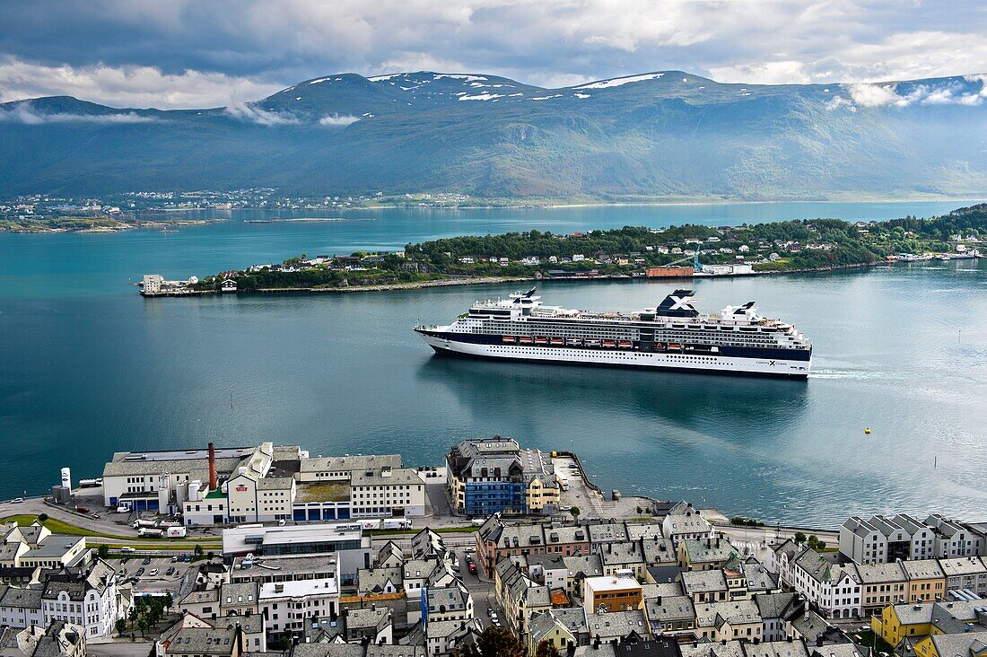 Cruiseliner Celebrity Celebration leaving the port of Alesund, Moere og Romsdal, Norway.