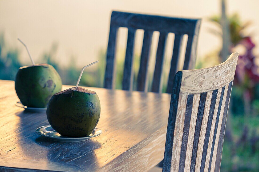 Coconuts on a table. Ubud. Bali. Indonesia, Asia.