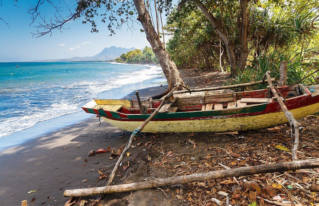 Seashore landscape and fishing boat. Flores island. Indonesia, Asia.