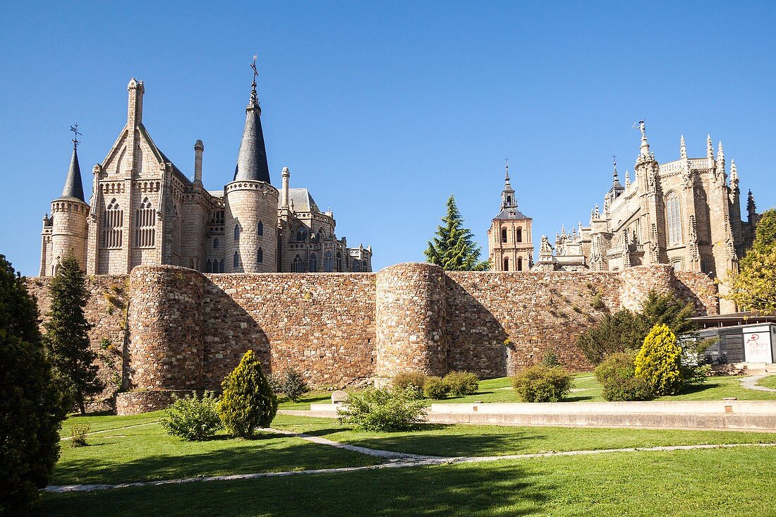 View of the wall, Cathedral of Santa Maria and Episcopal Palace in Astorga, Way of St. James, Leon, Spain.