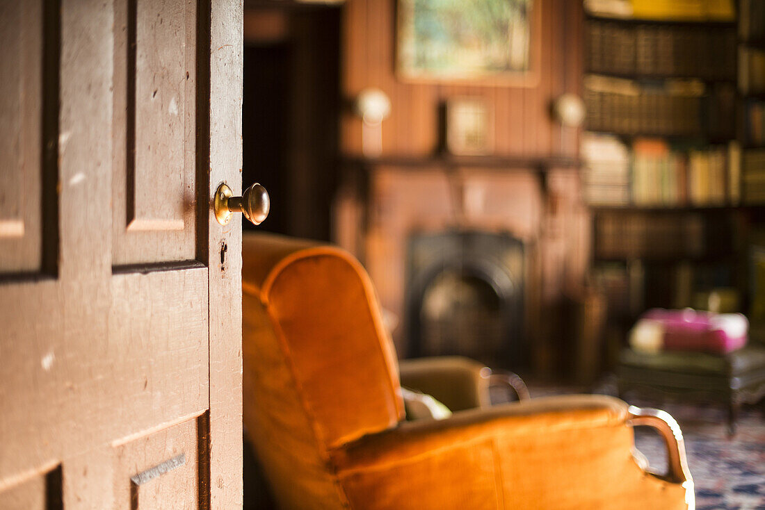 The door to the library at Breezy Bay bed and breakfast in the Payne House, Gulf Islands, British Columbia, Canada.